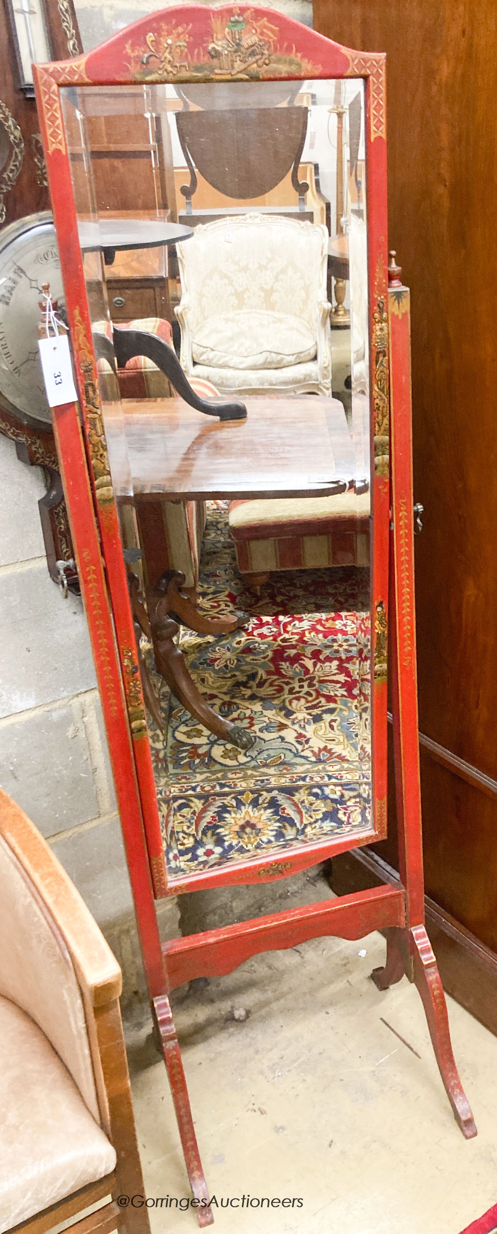 A 1920's red chinoiserie lacquer cheval mirror, width 49cm, height 156cm